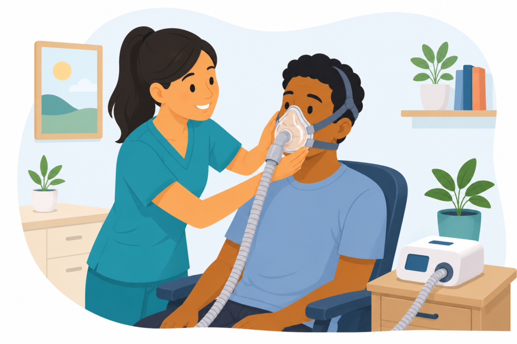 RT fitting a mask on a patient in the office