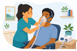 RT fitting a mask on a patient in the office