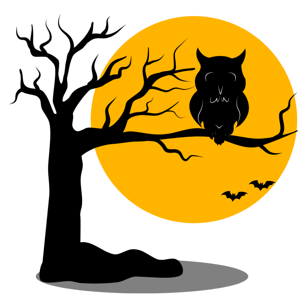 Spooky owl in a tree with the moon in the background. Night Owl Image