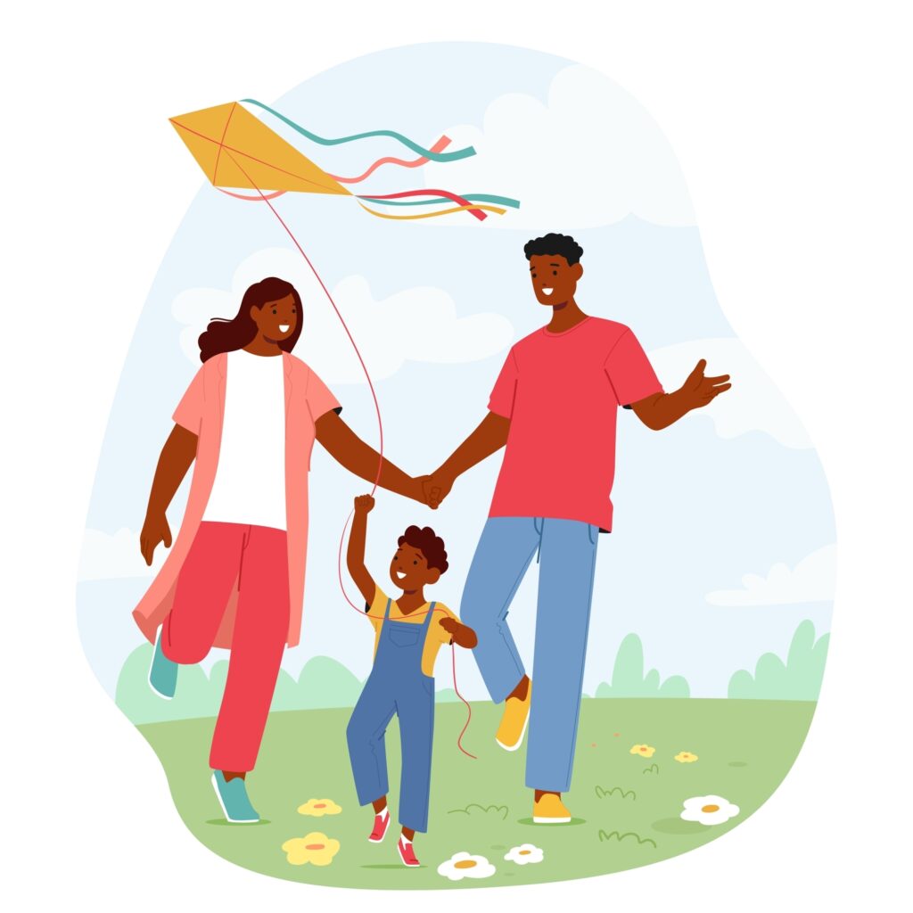 Family Characters With A Child Walks Together Across A Grassy Field With A Large Rainbow Kite Soaring Overhead, Symbolizing Togetherness And Cherished Moments.