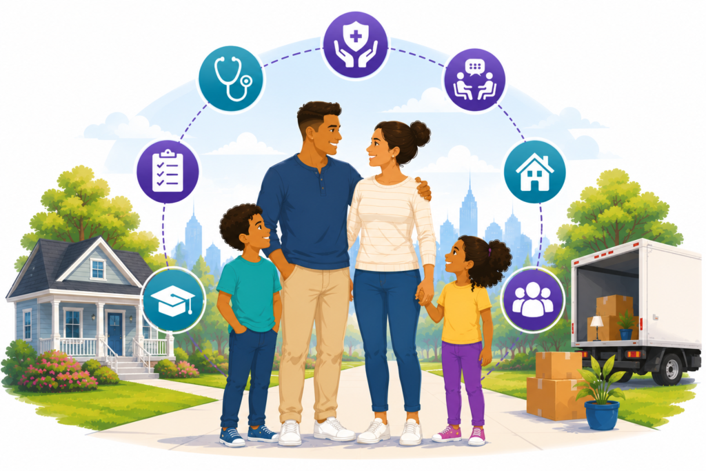 Illustration of a military family with healthcare, education, housing, and support icons representing military health resources
