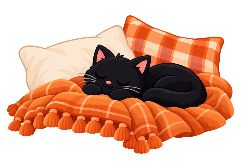 Cozy Sleeping Black Cat on Blankets
